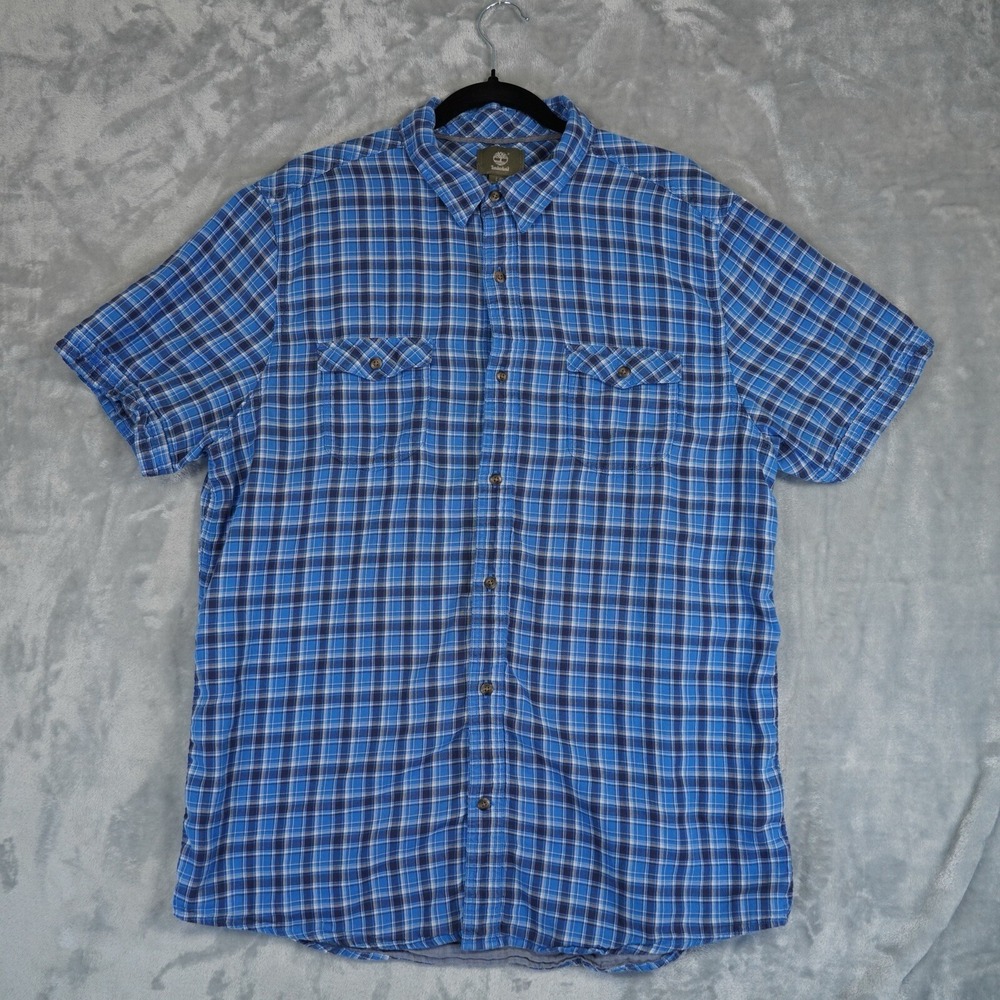 Timberland Mens Large Button-Down Shirt‎ Short Sleeve Blue Plaid 100% Cotton
